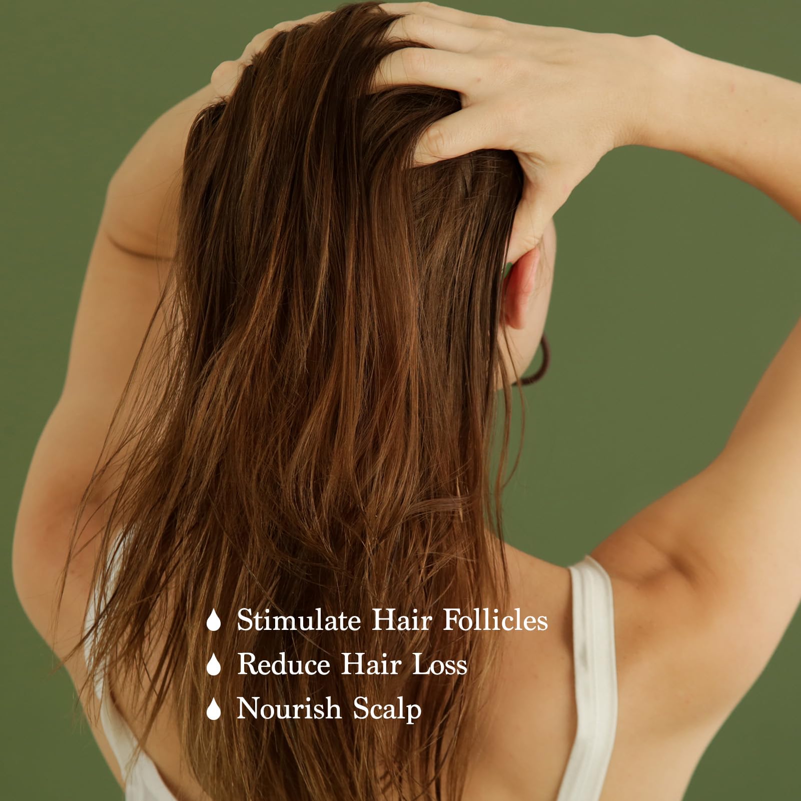 FEIBTH Natural Hair Growth Oil drops demonstrate easy scalp application for daily care.