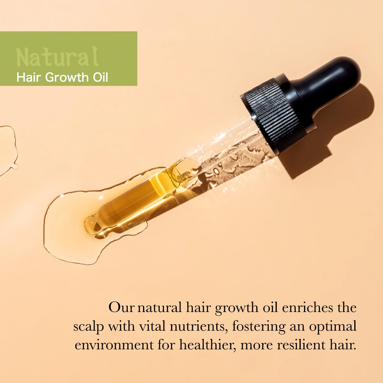 FEIBTH Natural Hair Growth Oil ingredients close-up promotes premium care for all hair types.