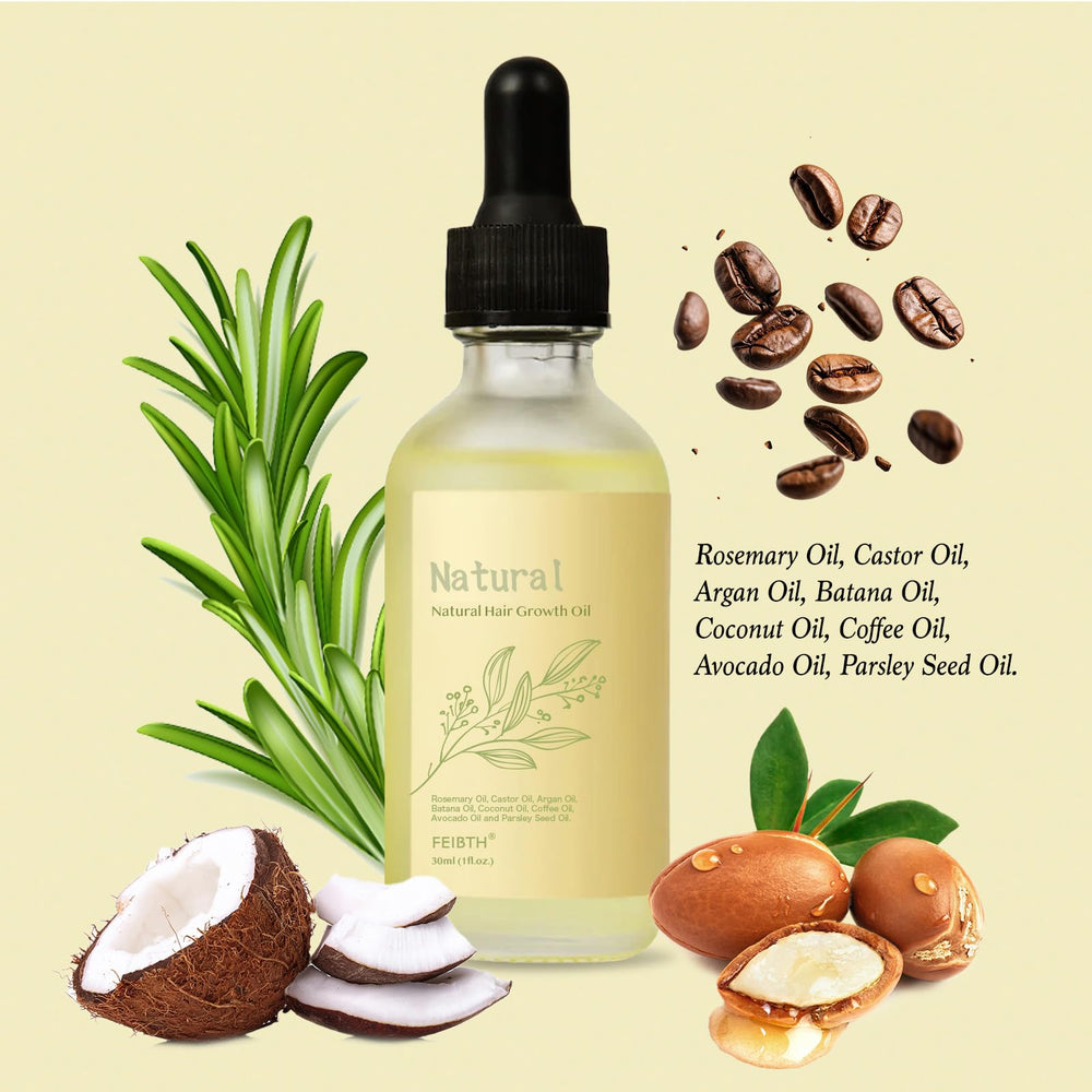 FEIBTH Natural Hair Growth Oil ingredients list emphasizes rosemary and castor oils for nourishment.
