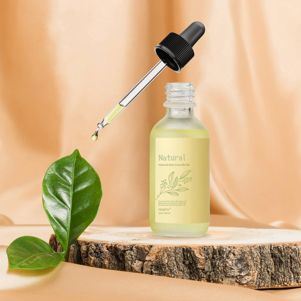 FEIBTH Natural Hair Growth Oil packaging highlights ease of use and travel-friendly bottle.
