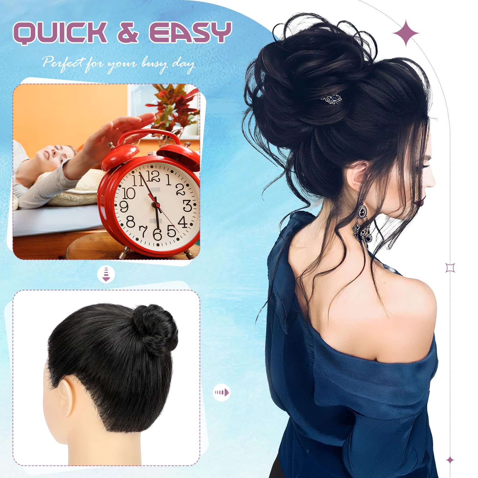FeidyLong messy bun illustrating multiple style options