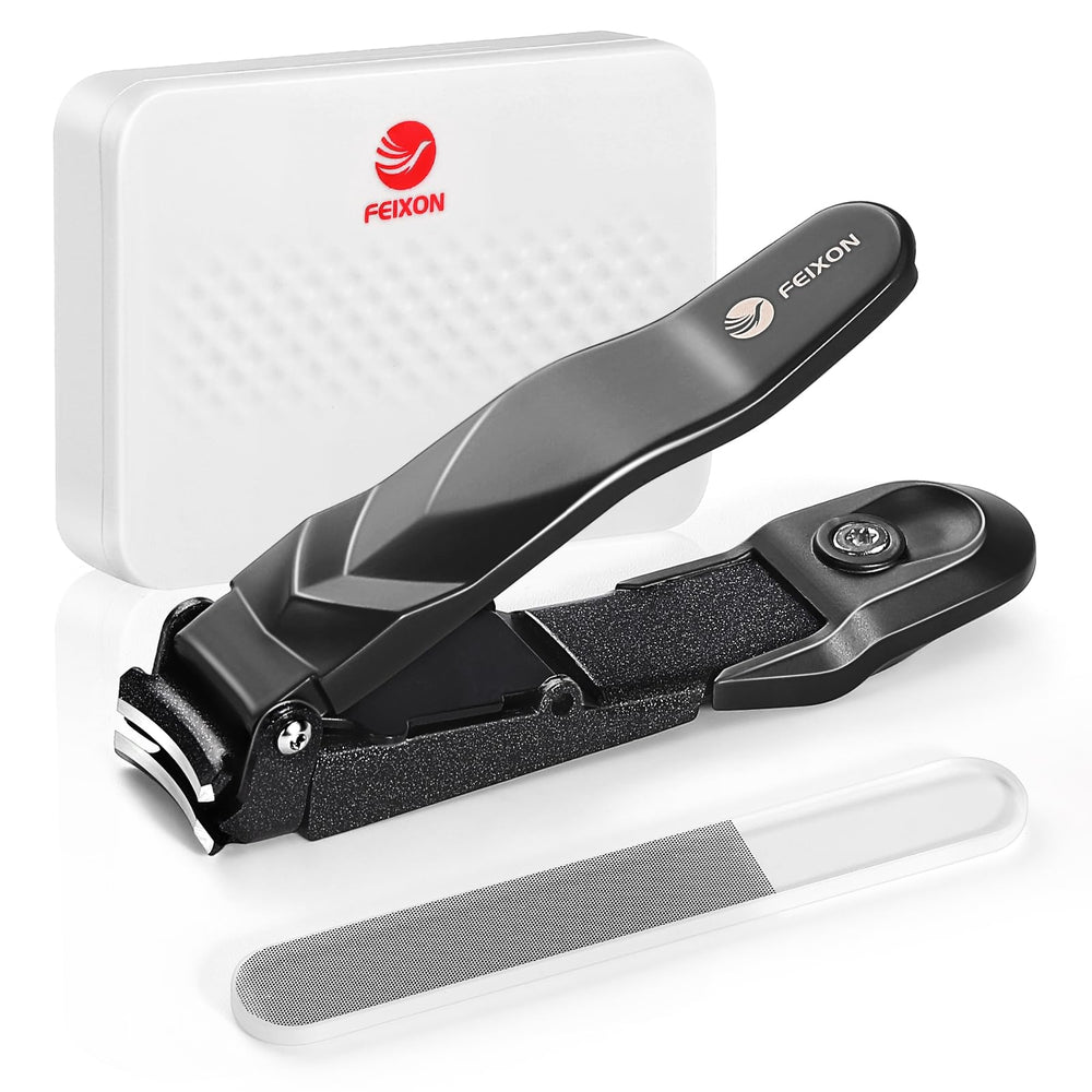 FEIXON Nail Clippers with Catcher close-up showing mess-free trimming