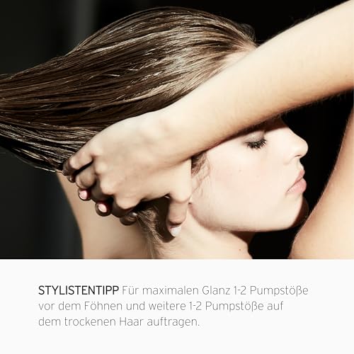 Fekkai Brilliant Gloss Glass Hair Serum on glossy strands highlights double shine and smoothness.