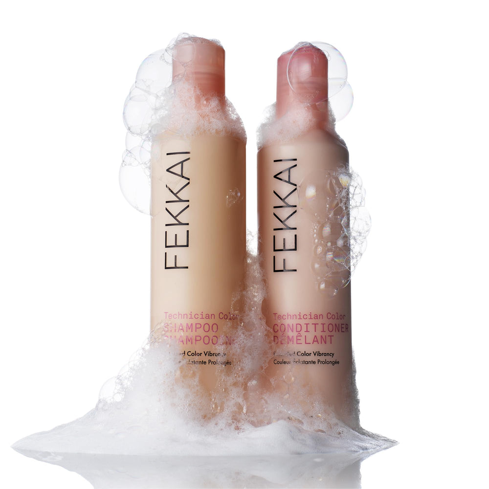 Fekkai Technician Color Shampoo recyclable packaging and recycled-content bottle in eco-friendly setup.