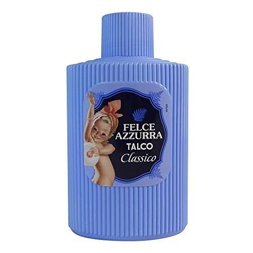 Felce Azzurra talc bottle closeup shows fine powder for delicate application.