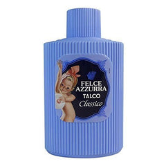 Felce Azzurra talc bottle closeup shows fine powder for delicate application.