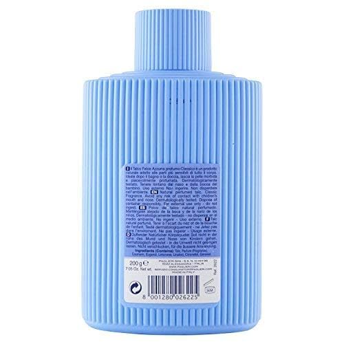 Felce Azzurra talcum powder on skin highlights a silky feel and subtle fragrance.