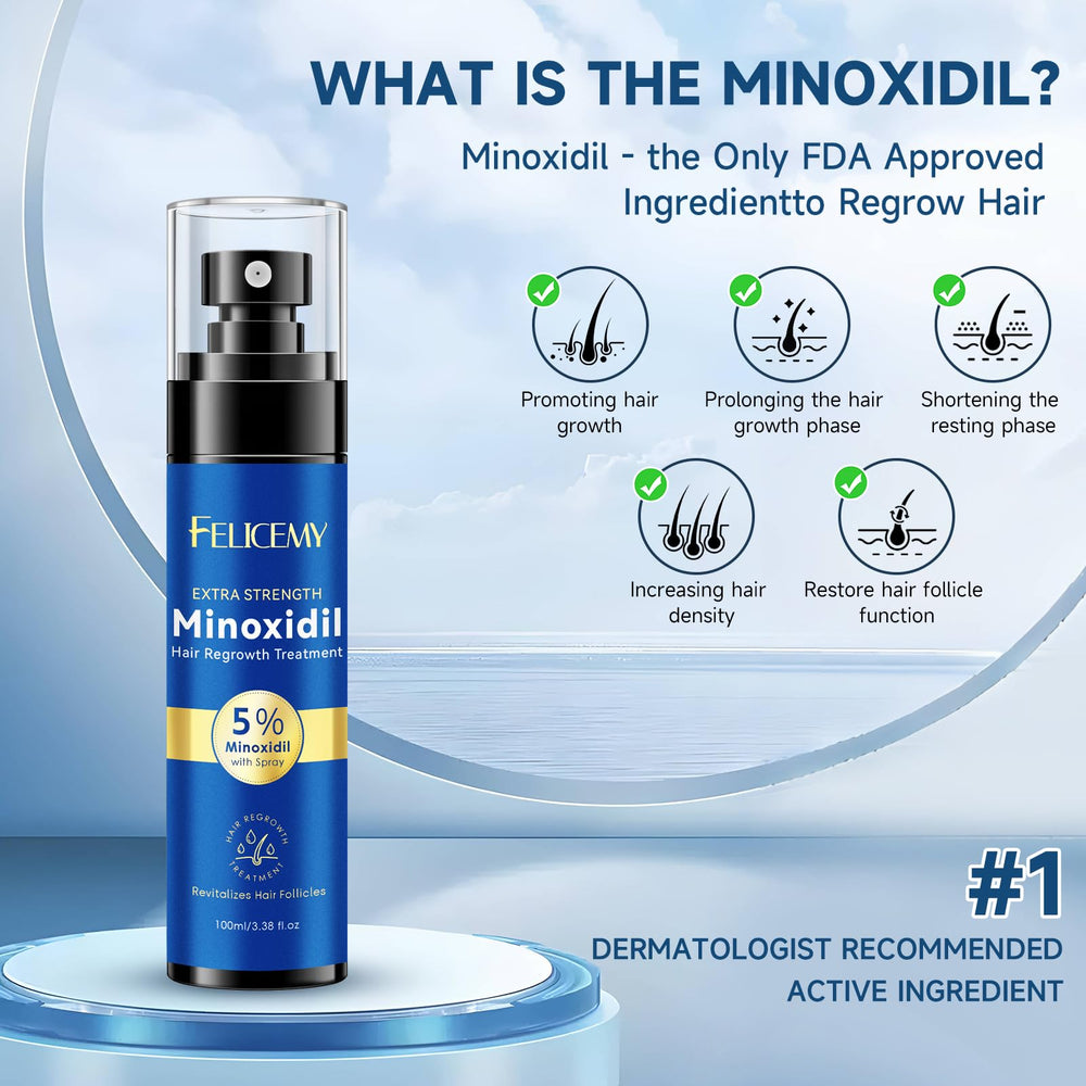 Felicemy Minoxidil 5% spray para crecimiento de la barba con beneficios potenciales.