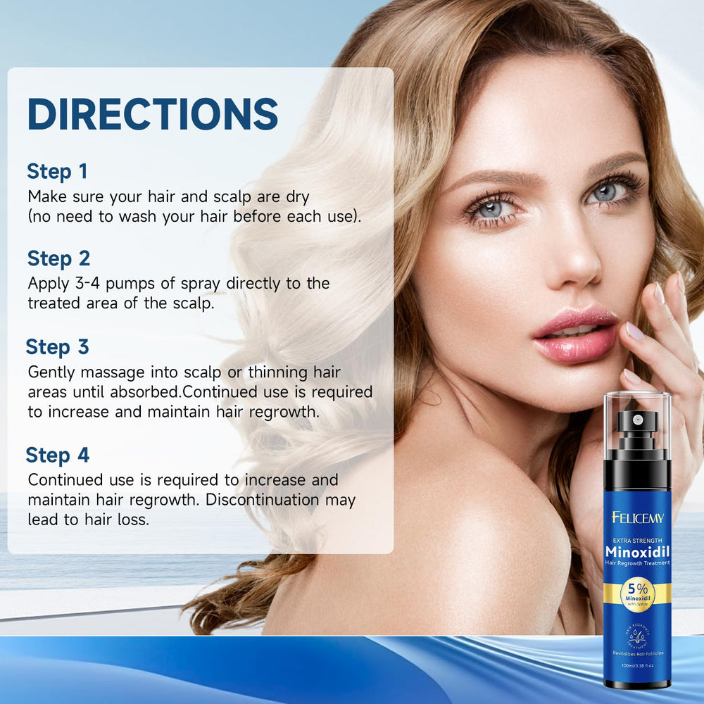 Felicemy Minoxidil spray bottle label close-up highlighting the 5% concentration.