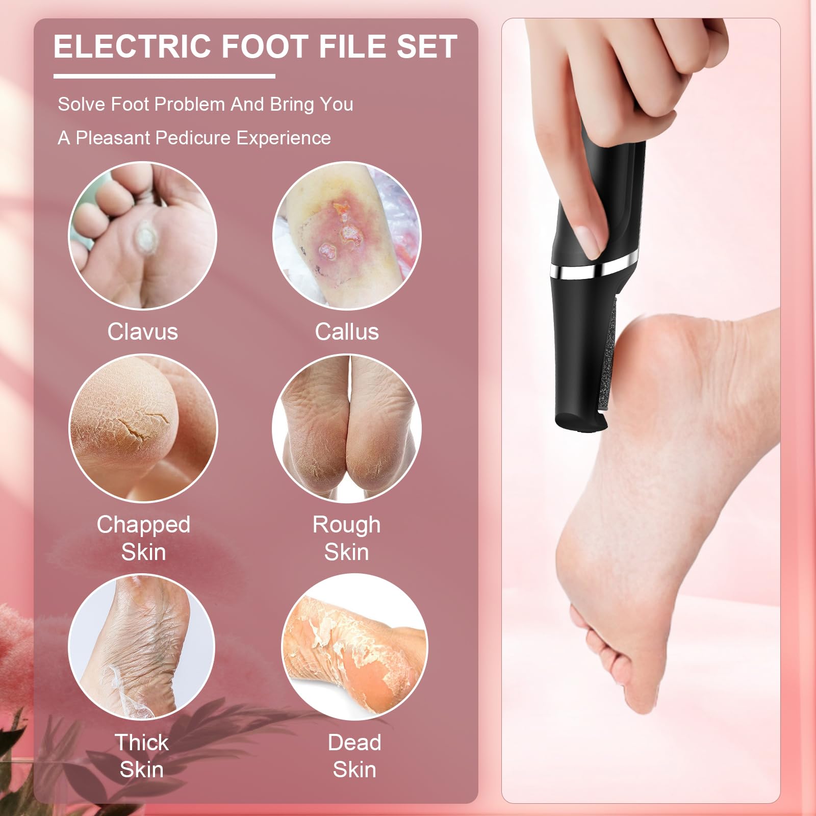 Felizshop electric foot file shows three speed settings for customized foot care.