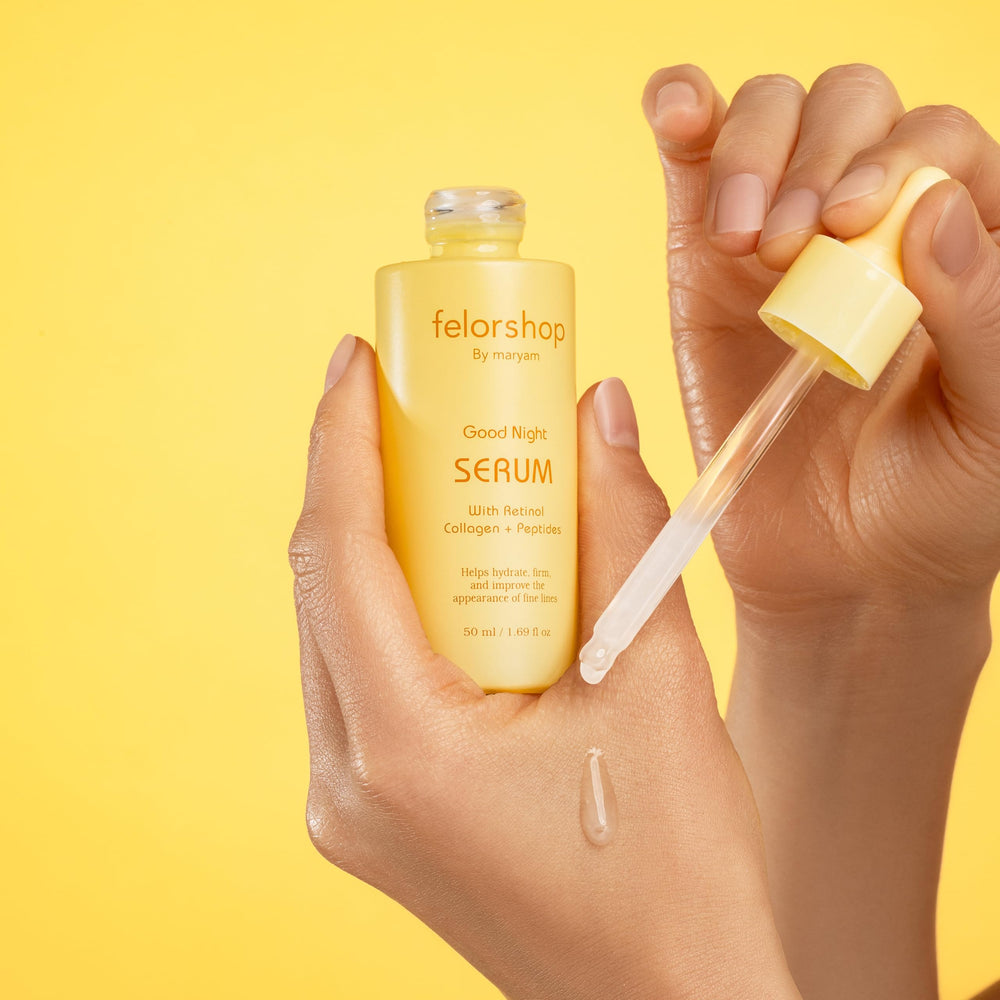 Application scene of Felor serum at night, part of a calming skincare ritual