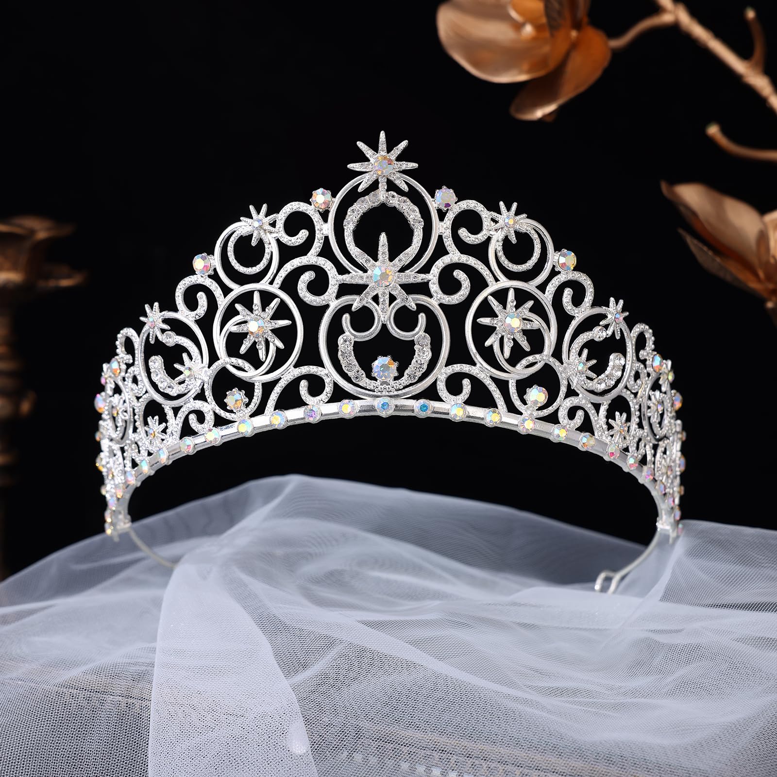 Feltent silver tiara on model showcases elegant pageant-ready crown for formal events
