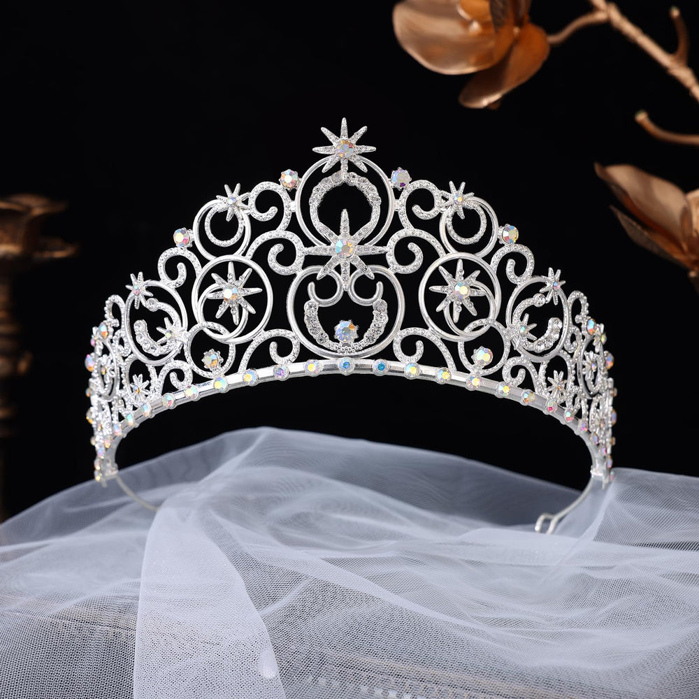 Feltent silver tiara on model showcases elegant pageant-ready crown for formal events