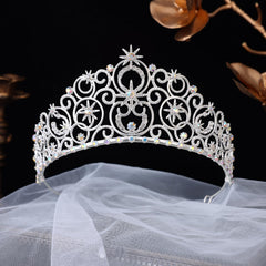 Feltent silver tiara on model showcases elegant pageant-ready crown for formal events