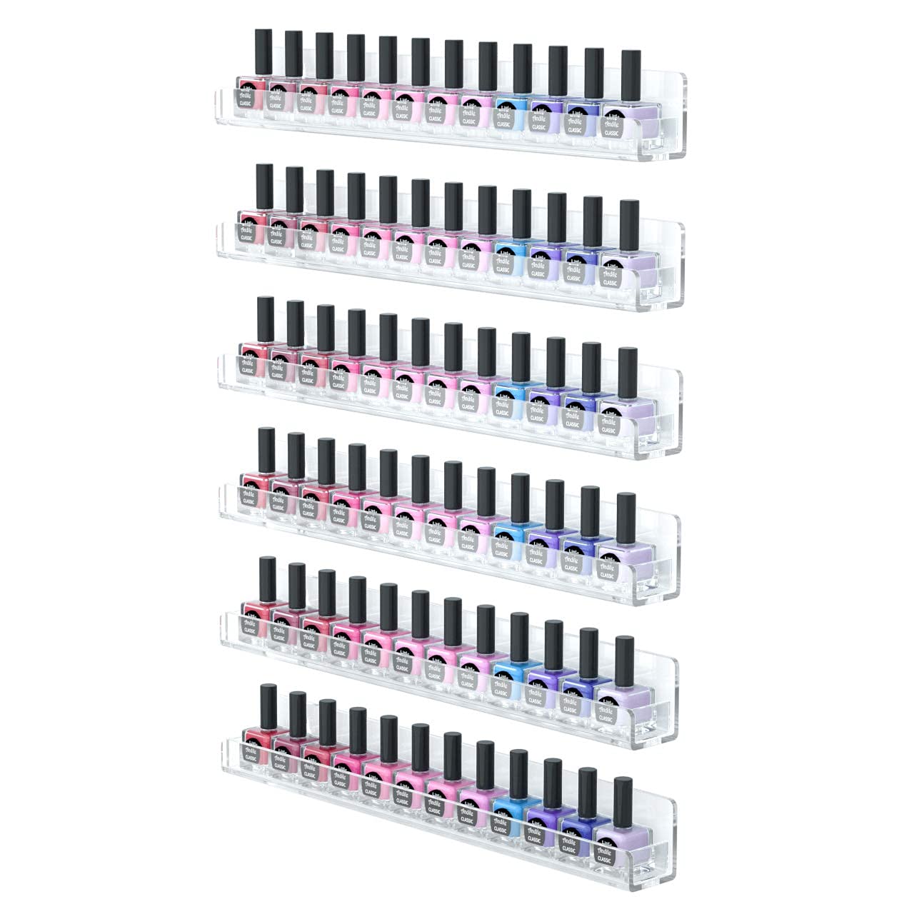FEMELI nail polish wall rack six-shelf front view shows organized bottles