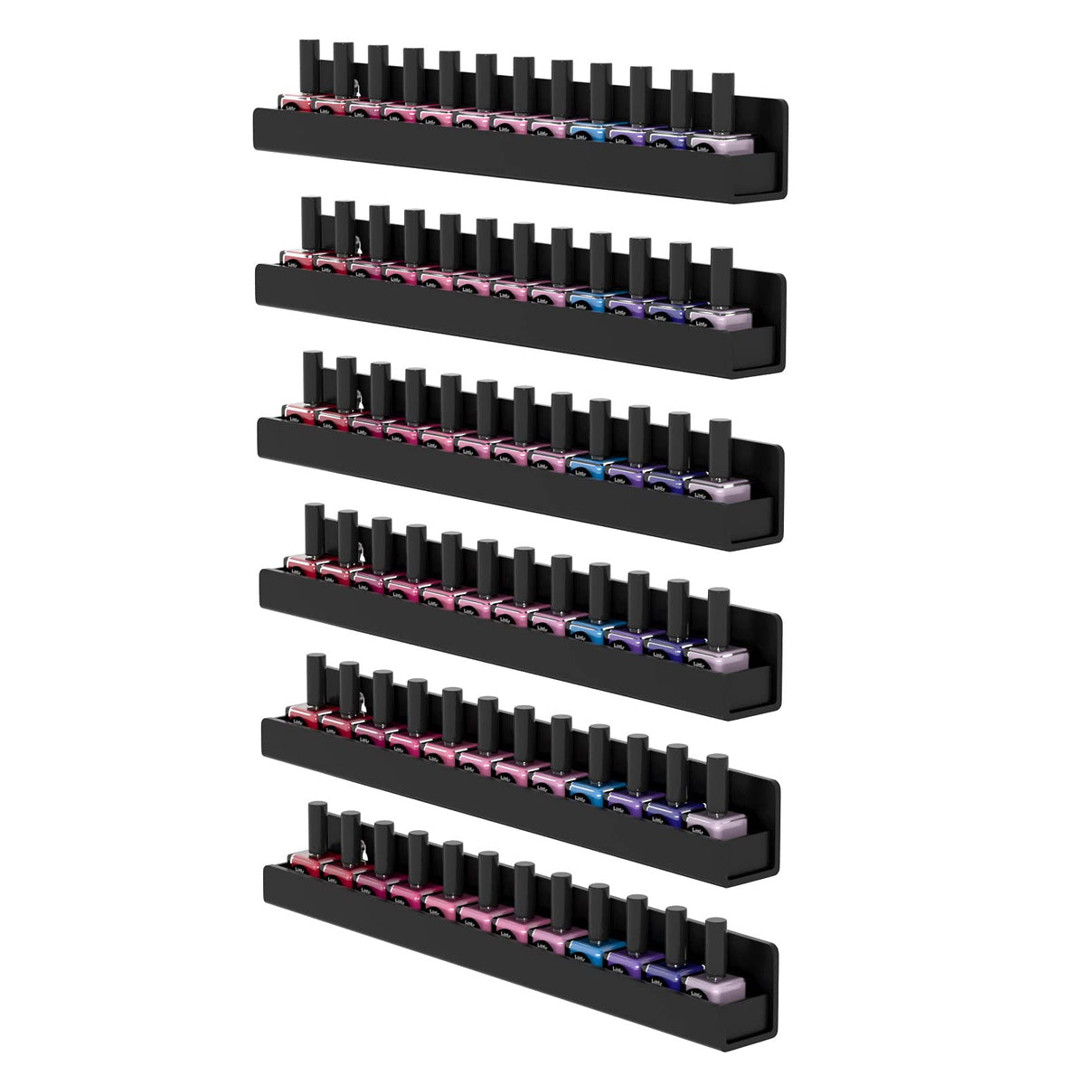 FEMELI nail polish wall rack six shelves front view, for quick color selection during manicures