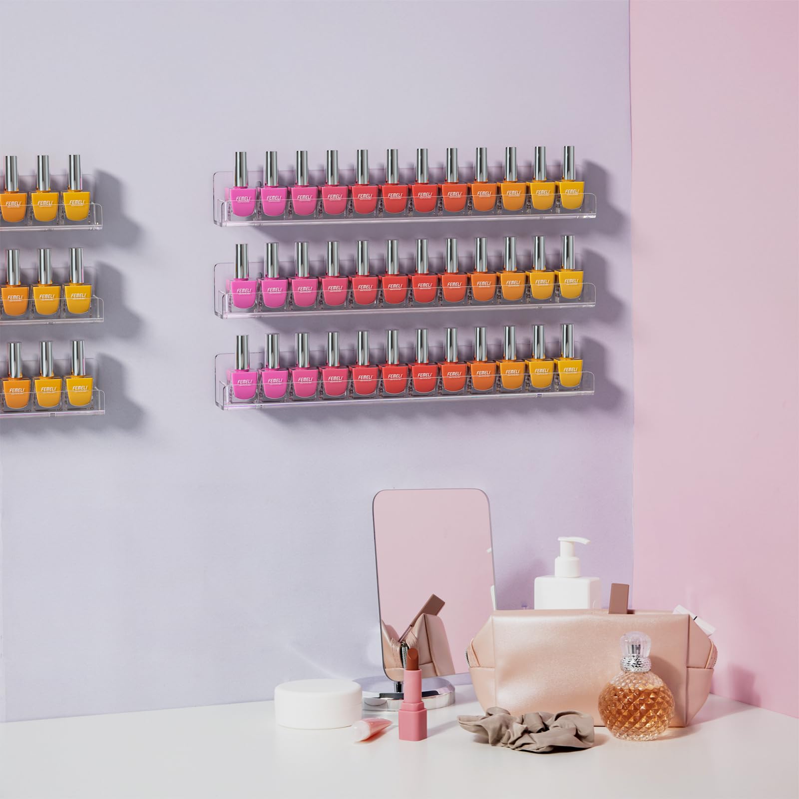 FEMELI nail polish wall rack end caps secure bottles for spill prevention