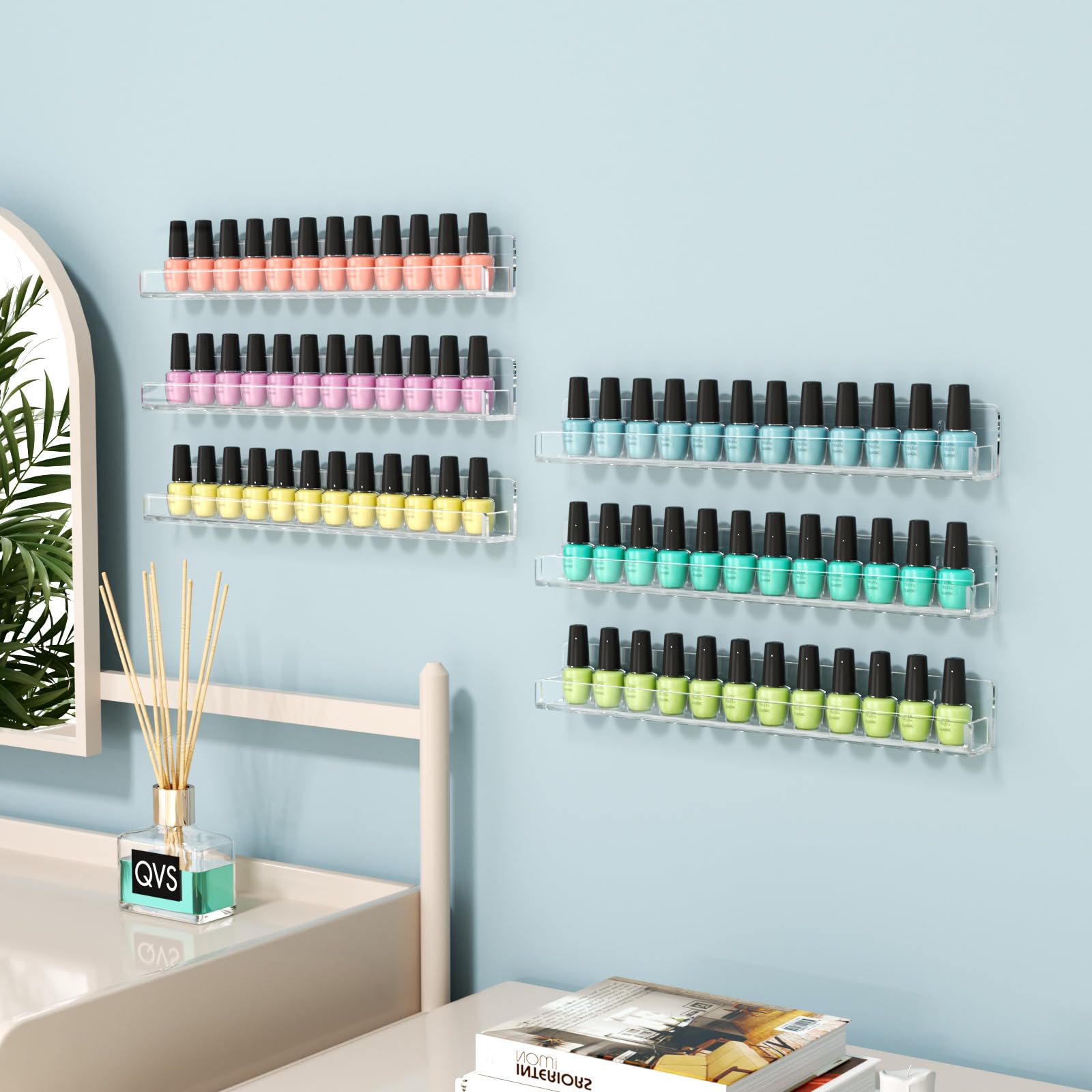 FEMELI nail polish wall rack organized by color for quick shade selection