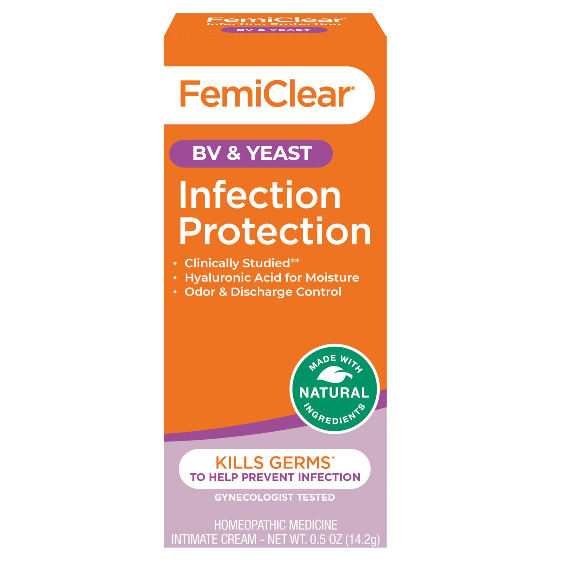 FemiClear infection protection cream bottle designed to support BV and yeast concerns