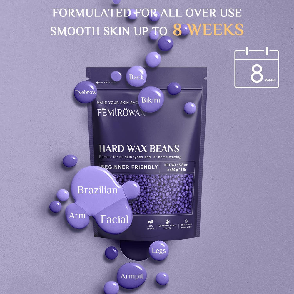 FEMIROWAX lavender formula tub beside waxing tools.