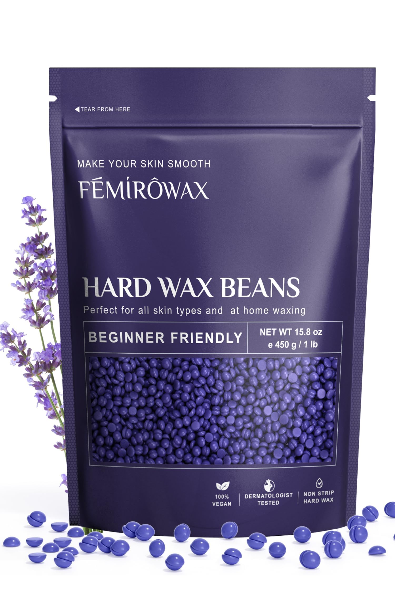 FEMIROWAX lavender-wax-beads closeup for gentle skin-friendly hair removal.