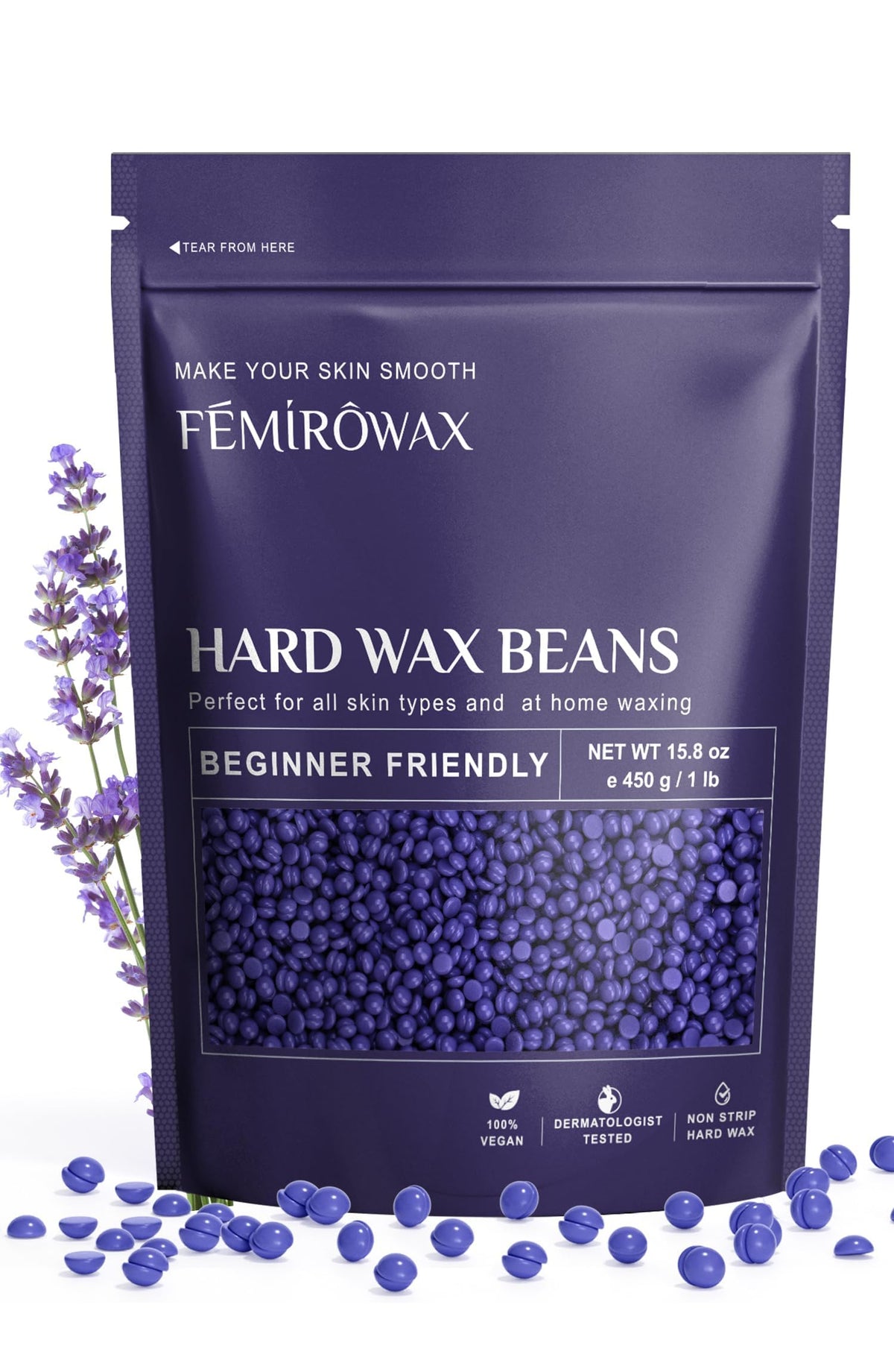 FEMIROWAX lavender-wax-beads closeup for gentle skin-friendly hair removal.