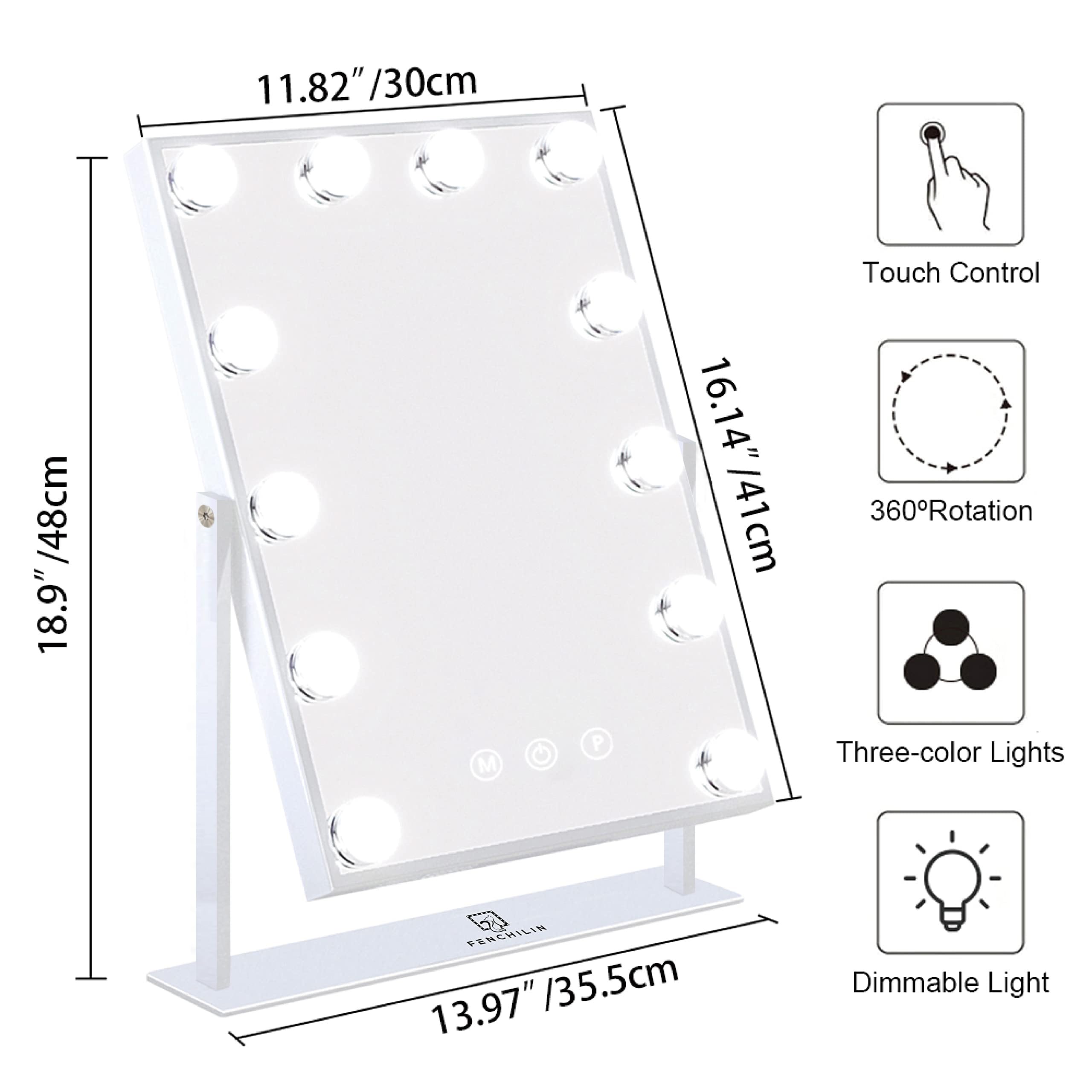 FENCHILIN Hollywood mirror with LED bulbs delivering shadow-free skin prep lighting.