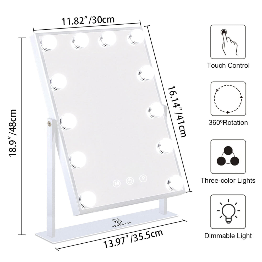 FENCHILIN Hollywood mirror with LED bulbs delivering shadow-free skin prep lighting.