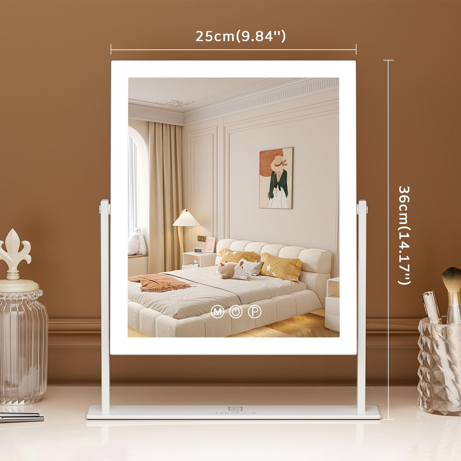 FENCHILIN vanity mirror with lights side angle demonstrates adjustable brightness for day-to-night looks.