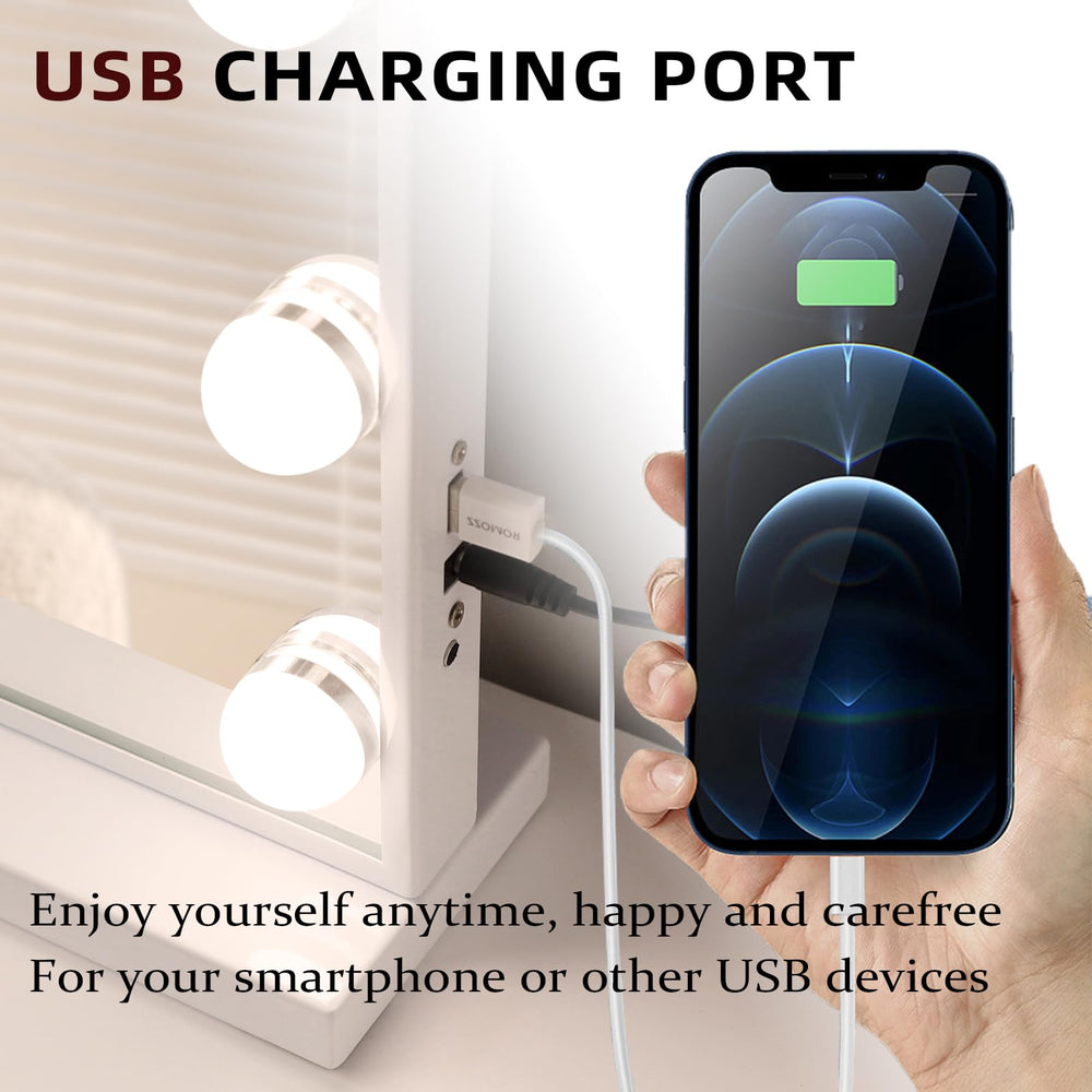 Fenair vanity mirror USB port image communicates convenient phone charging during routines