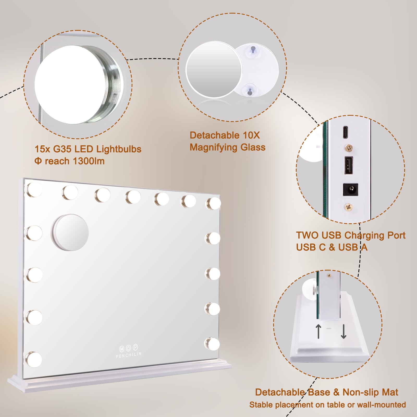 FENCHILIN vanity mirror detachable base – easy wall-hanging setup