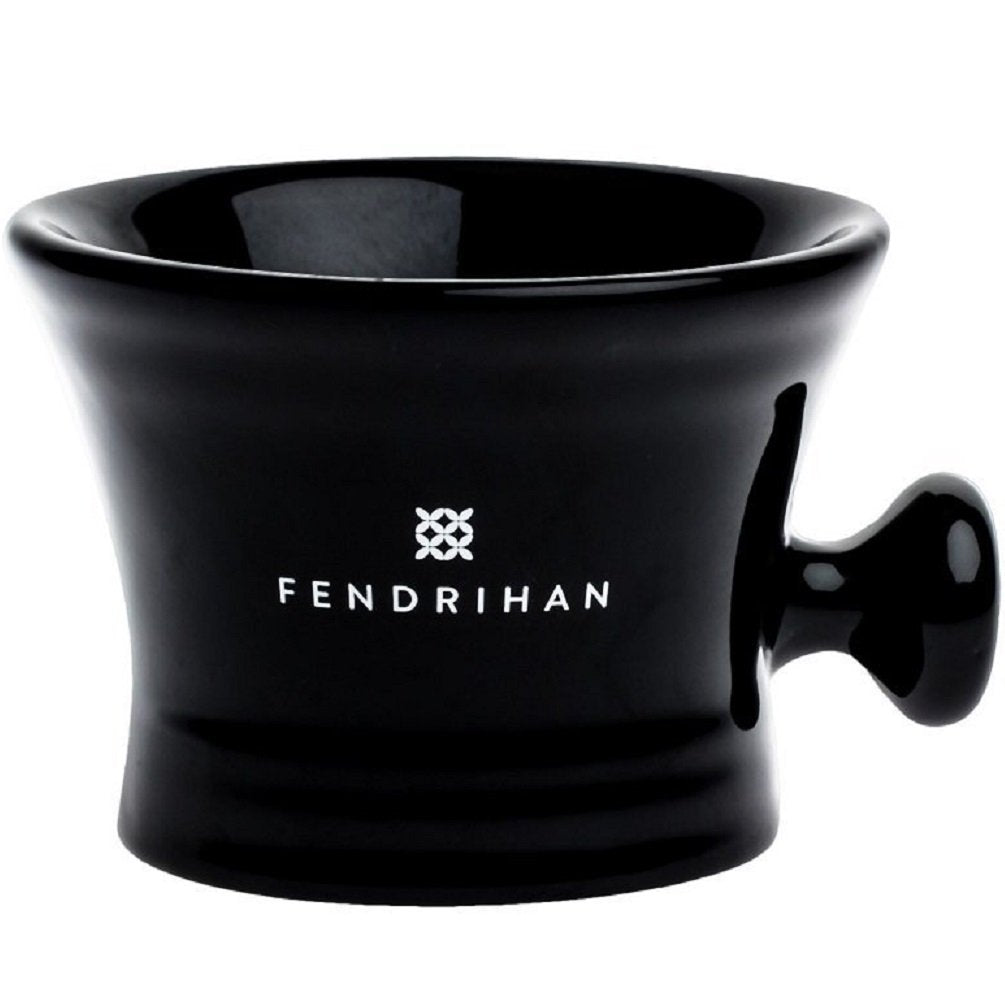 Fendrihan Essential Apothecary Shaving Mug black handle close-up, secure grip for effortless lather
