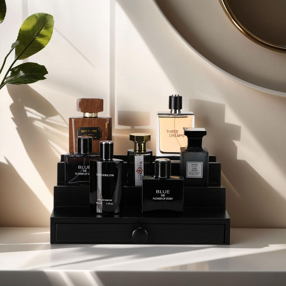 Fengligoo black wooden Cologne Organizer drawer open reveals hidden compartments for valuables