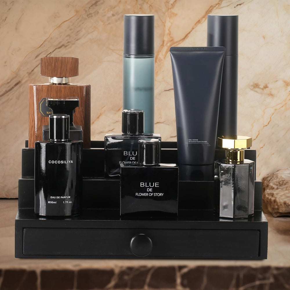 Fengligoo black wooden Cologne Organizer side-angle view highlights sturdy craftsmanship