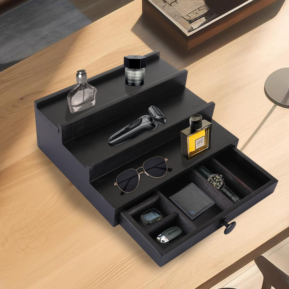 Fengligoo black wooden Cologne Organizer with jewelry storage fits rings and watches