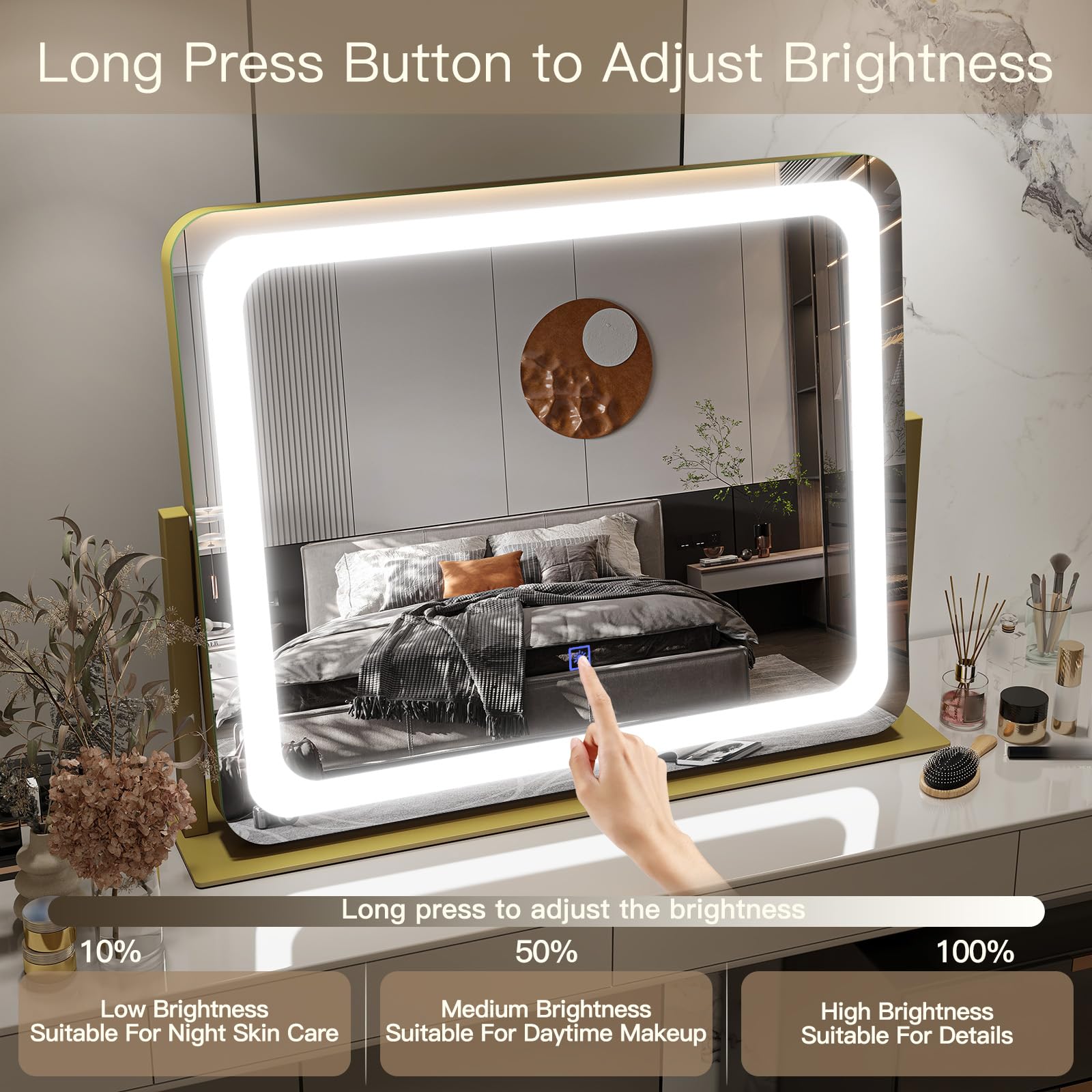FENNIO Gold Vanity Mirror 360-degree rotation for easy tweezing and grooming.