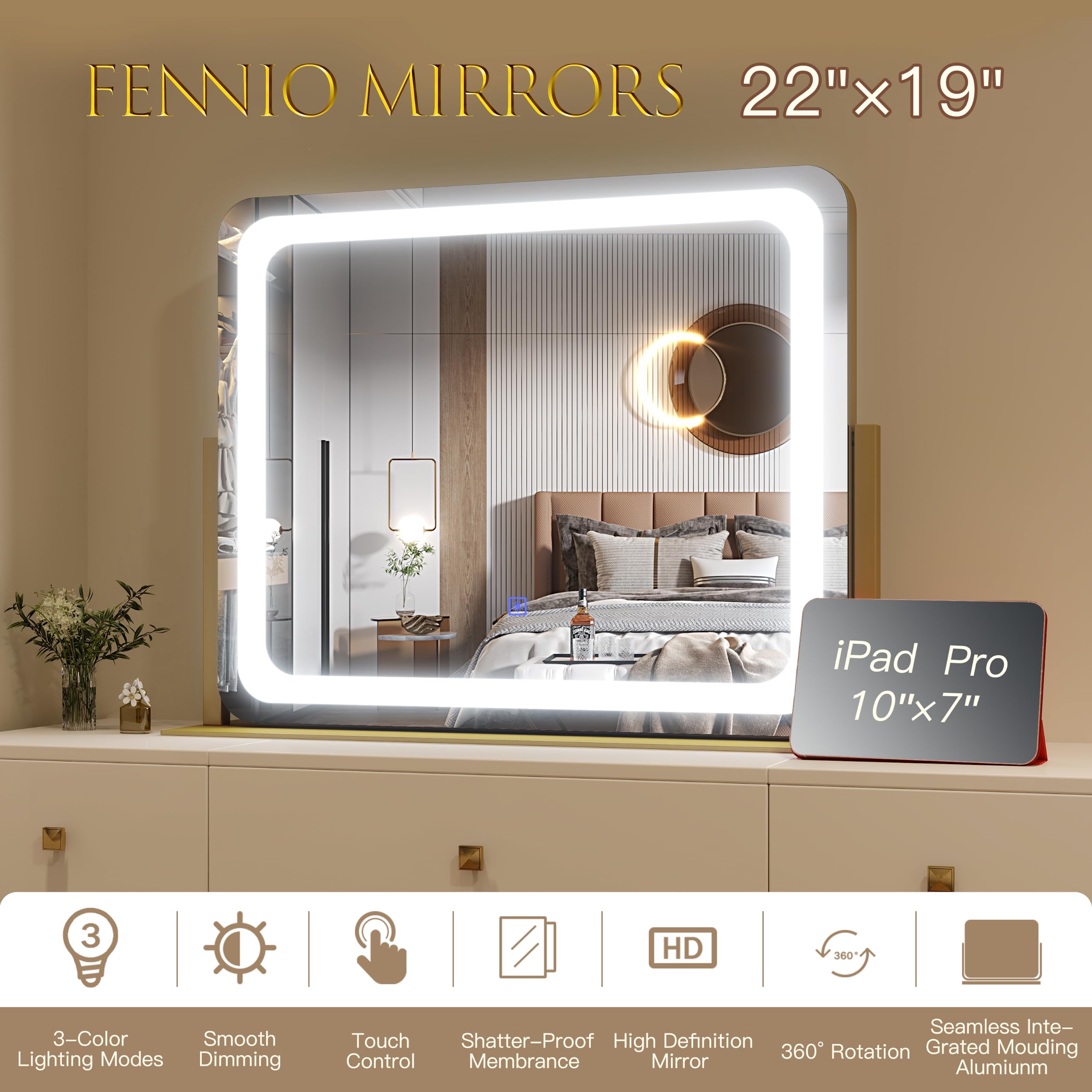 FENNIO Gold Vanity Mirror aluminum frame with shatter-proof membrane.