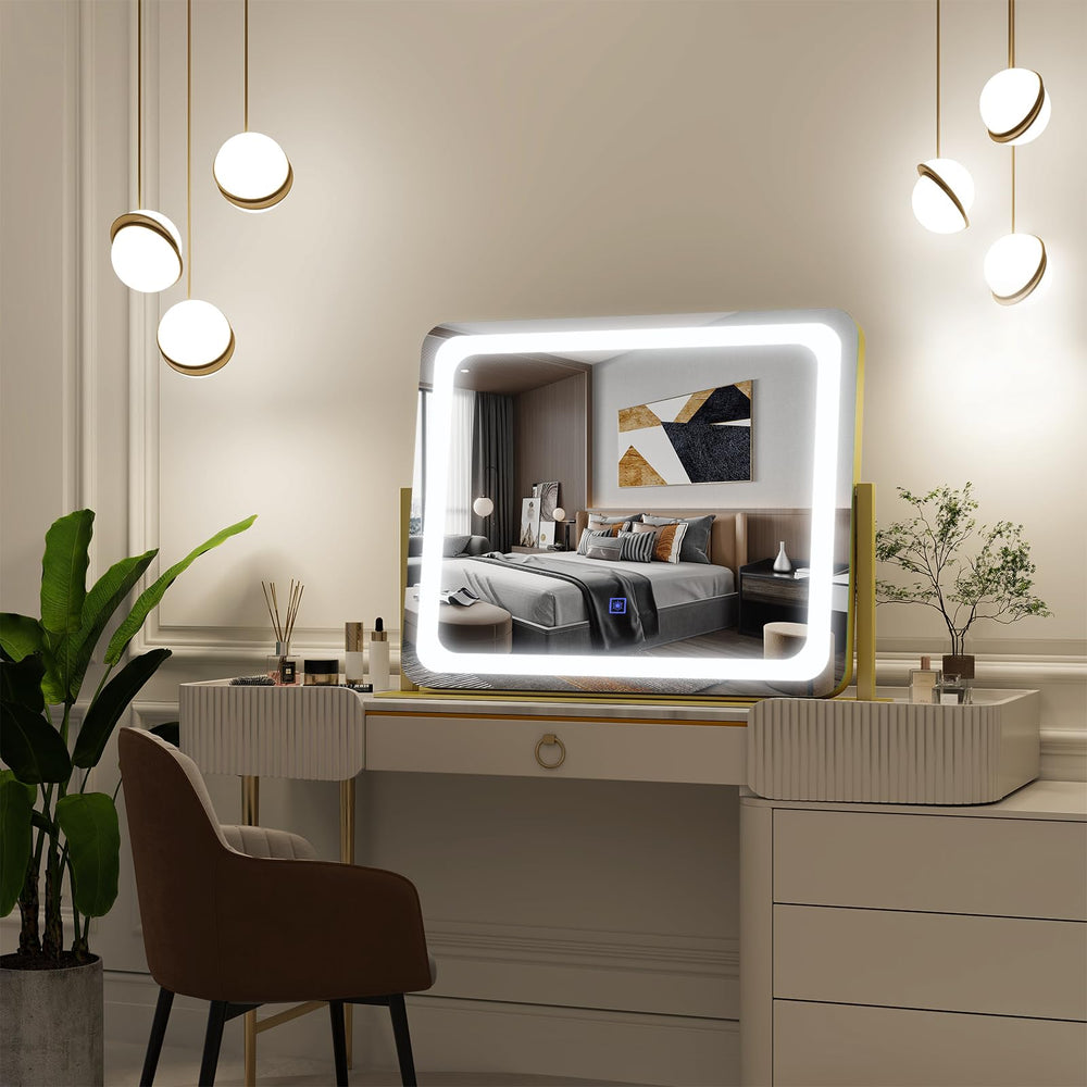 FENNIO Gold Vanity Mirror compact dresser setup for bedroom or vanity desk.