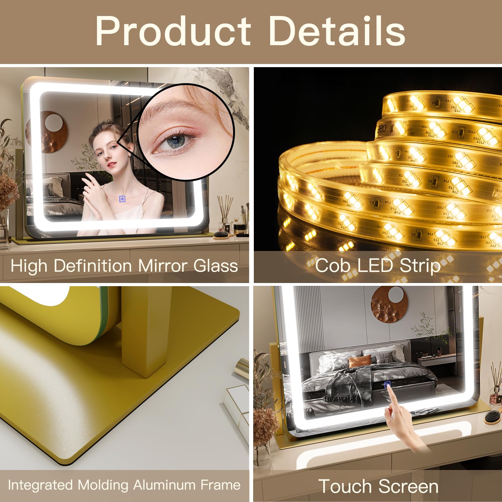 FENNIO Gold Vanity Mirror size 22x19 fits countertop spaces and styling routines.