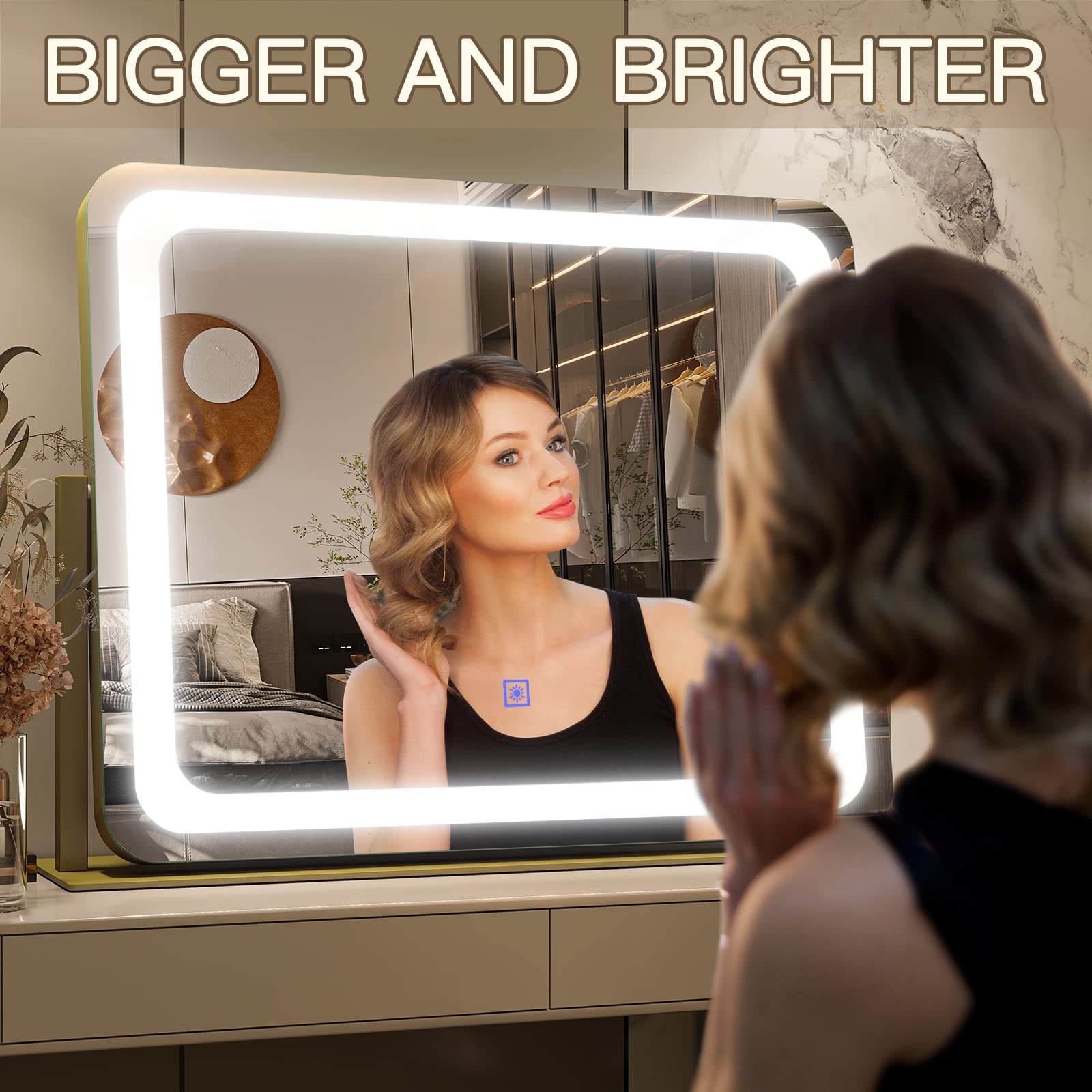 FENNIO Gold Vanity Mirror touch control panel demonstrating brightness and color mode selection.