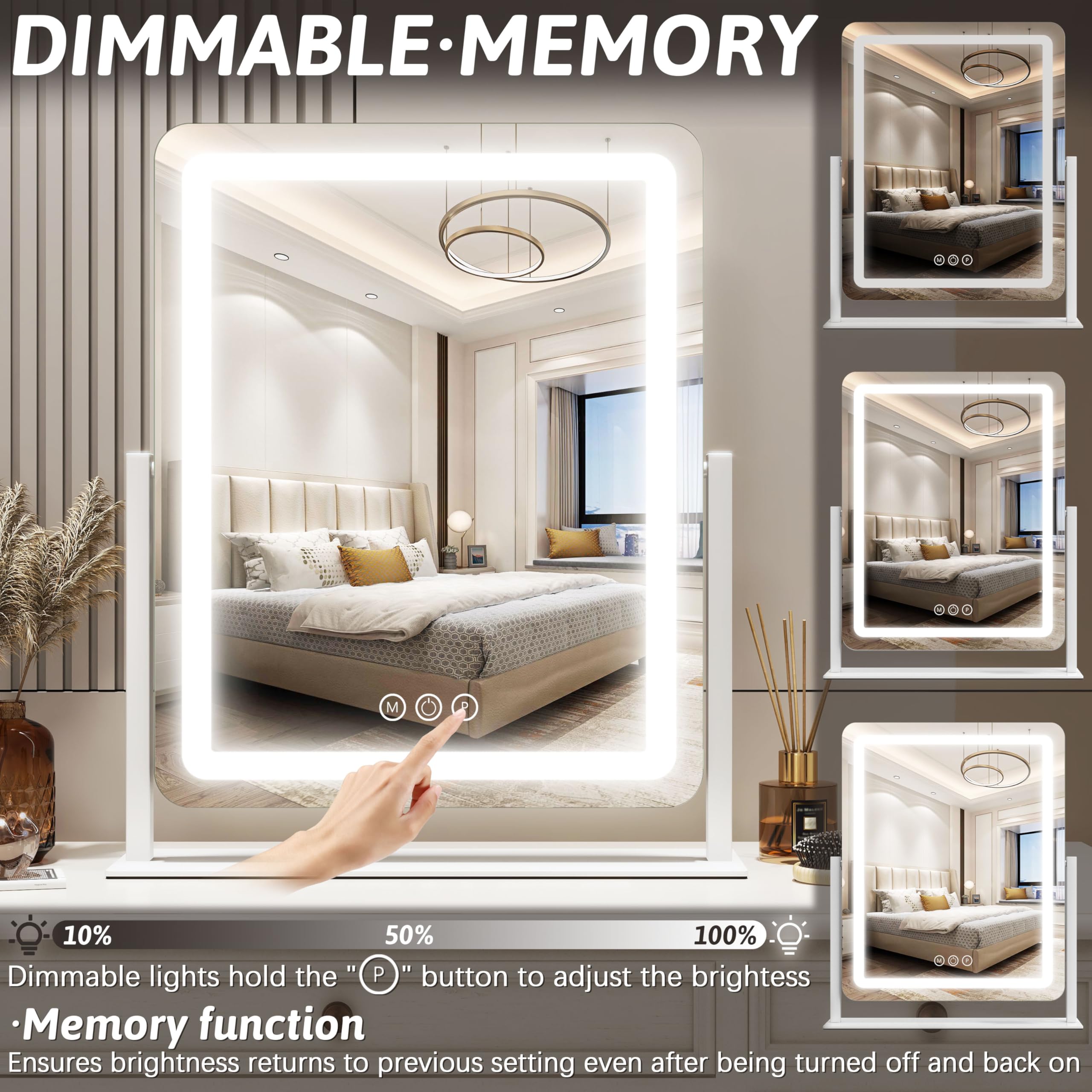 FENNIO LED lighted makeup mirror close-up highlighting adjustable brightness.