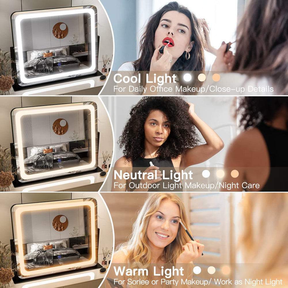 FENNIO LED makeup mirror touch screen showing quick color mode adjustments and clear lighting