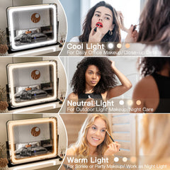 FENNIO LED makeup mirror touch screen showing quick color mode adjustments and clear lighting