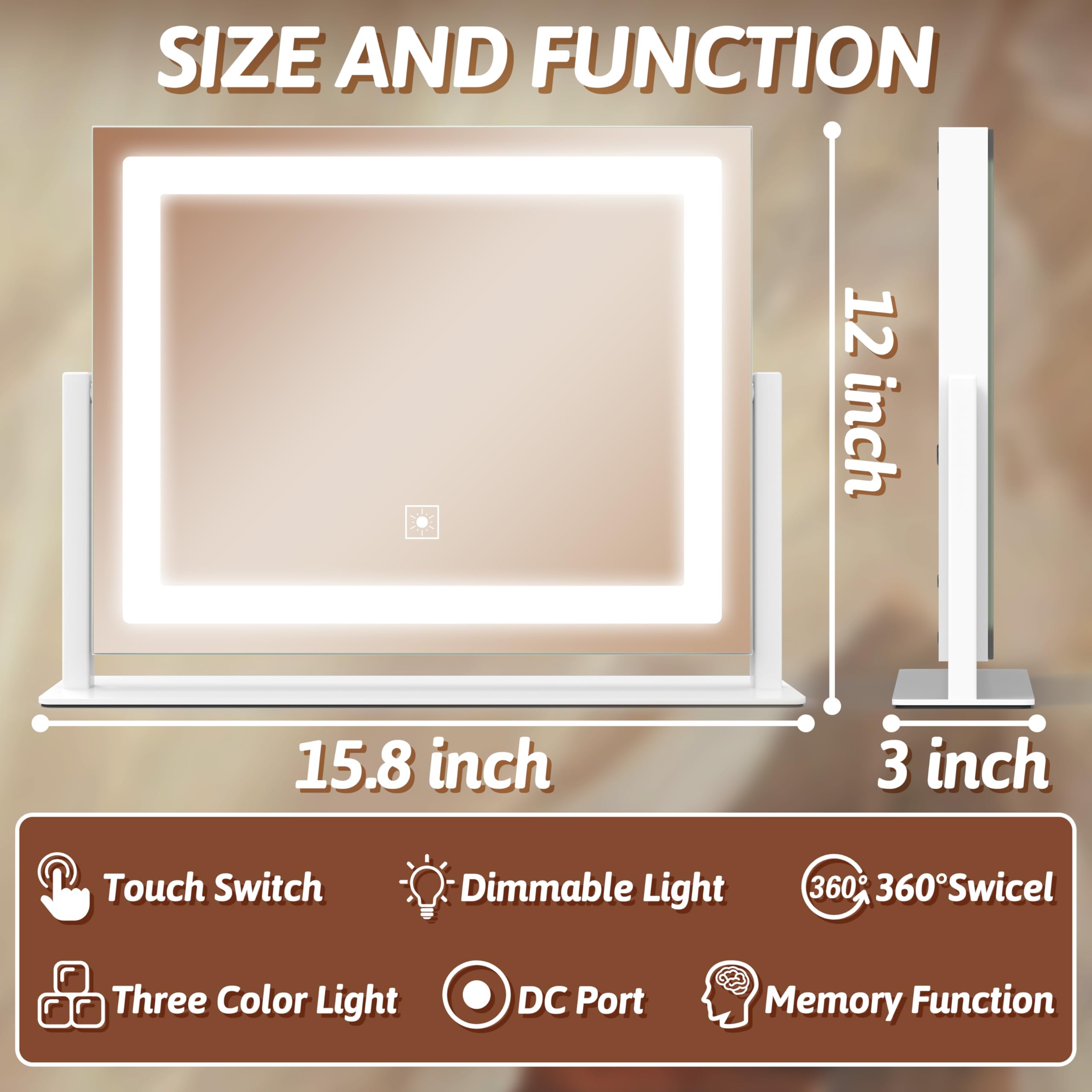 FENNIO vanity mirror shows three color LED options for various lighting scenes