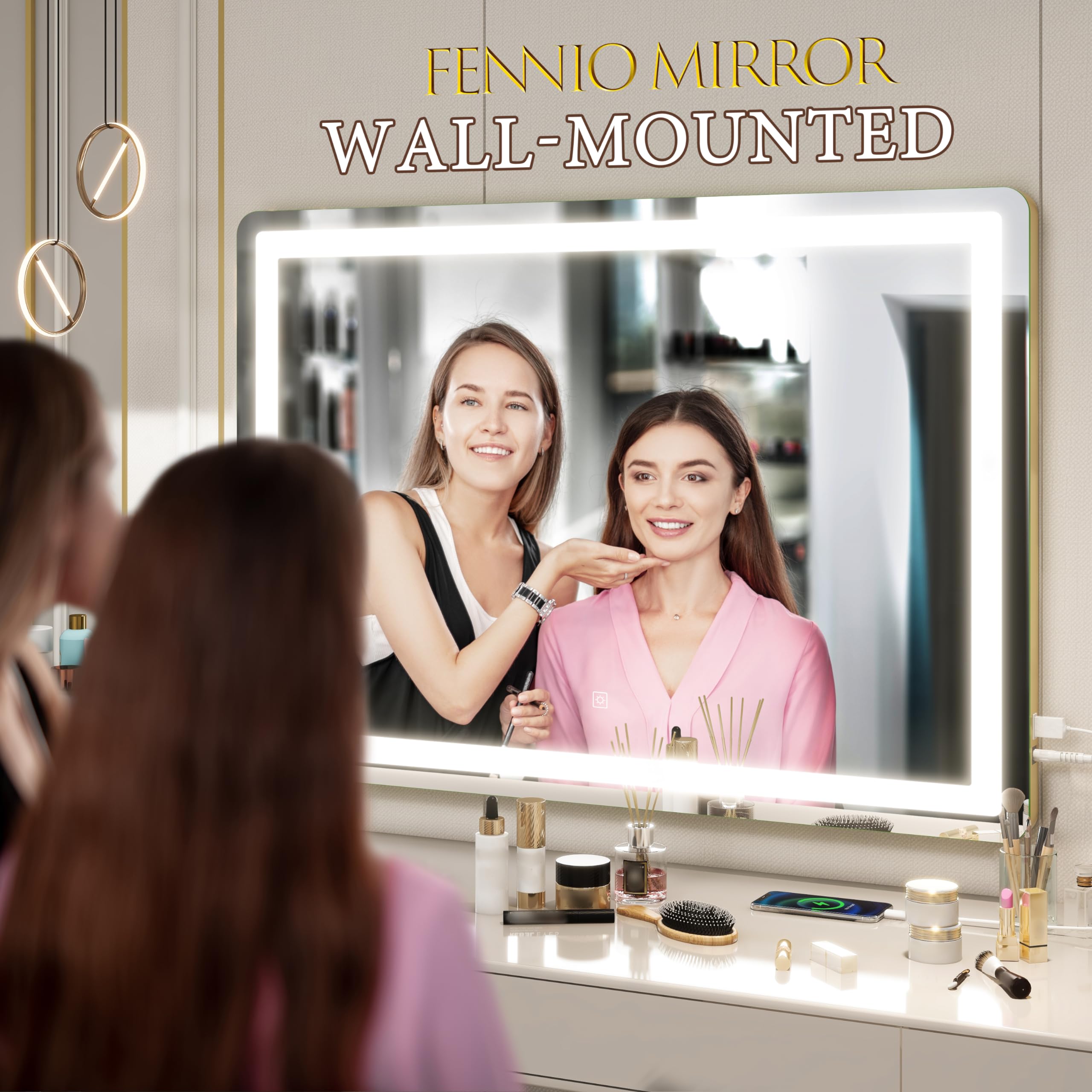 FENNIO vanity mirror aluminum frame close-up shows durable construction for daily use