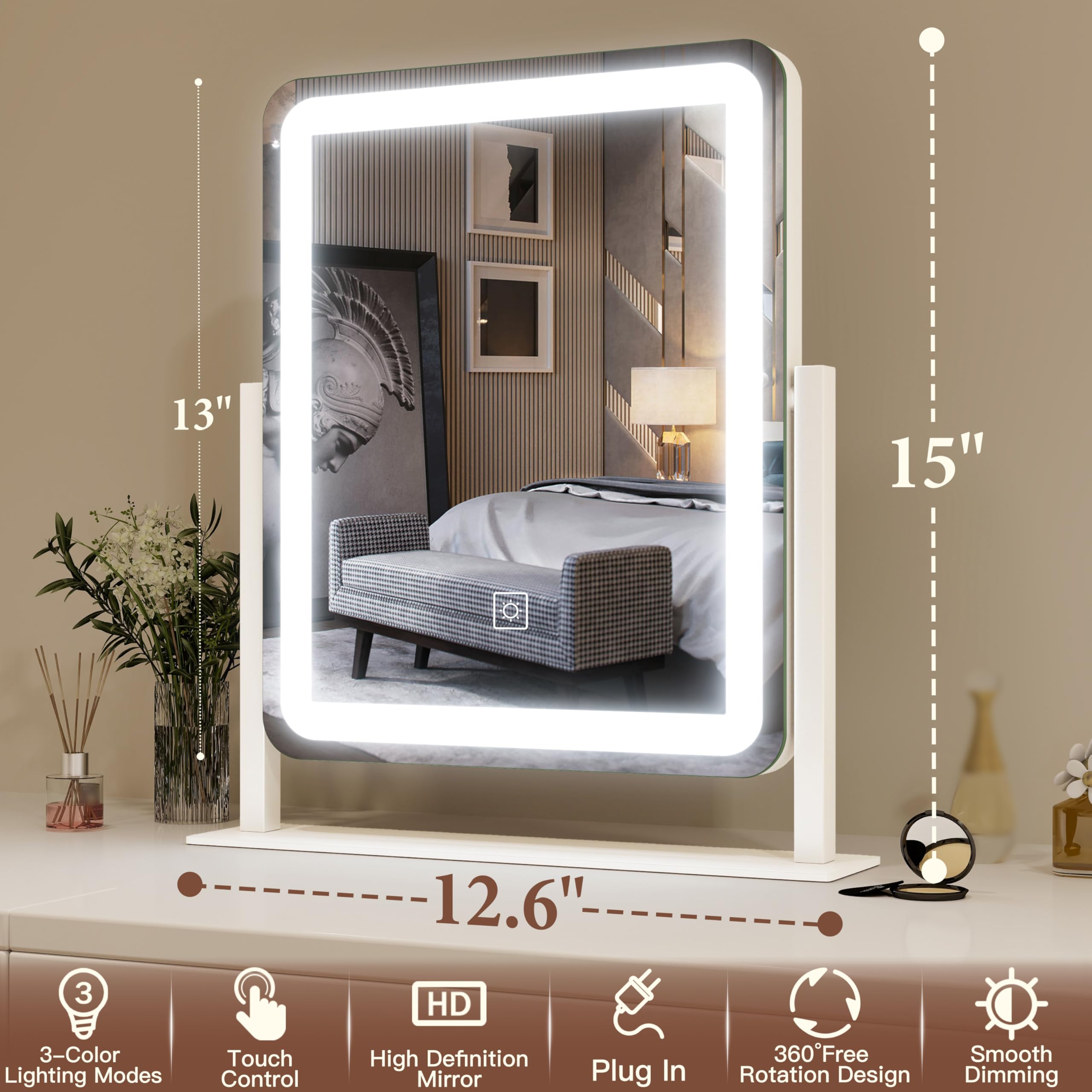 FENNIO vanity mirror closeup LED highlights color accuracy for skin tones.