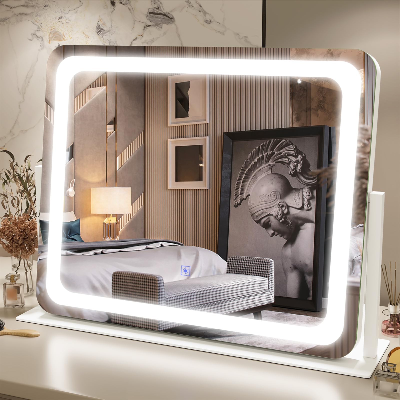 FENNIO vanity mirror with lights highlights 22x17 inch view for precise makeup application.