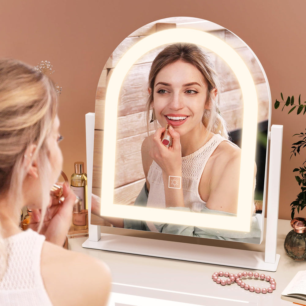 FENNIO vanity-mirror-lights tilt-angle close-up allows detailed skincare checks.