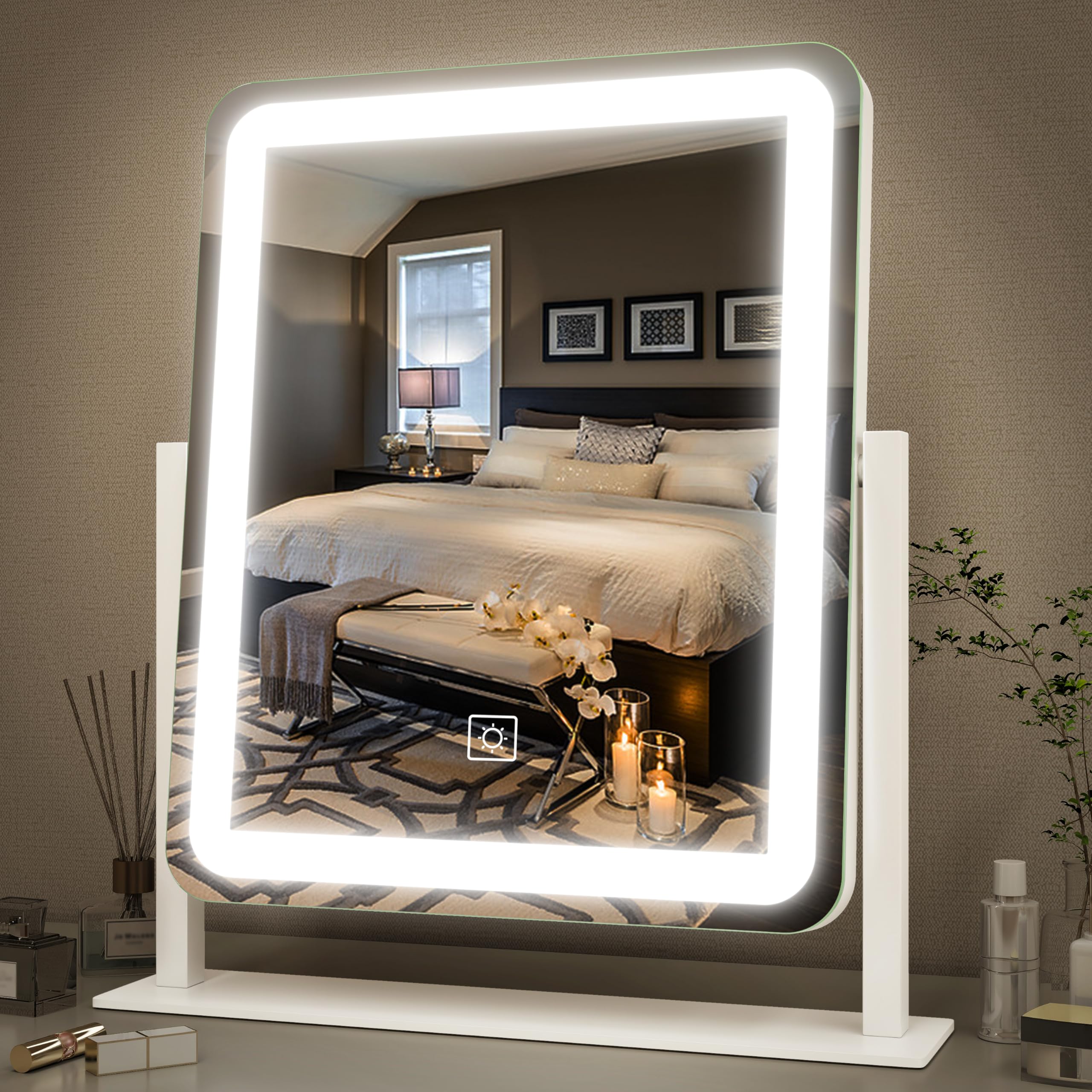 FENNIO vanity mirror with lights in setup image shows even illumination for makeup.