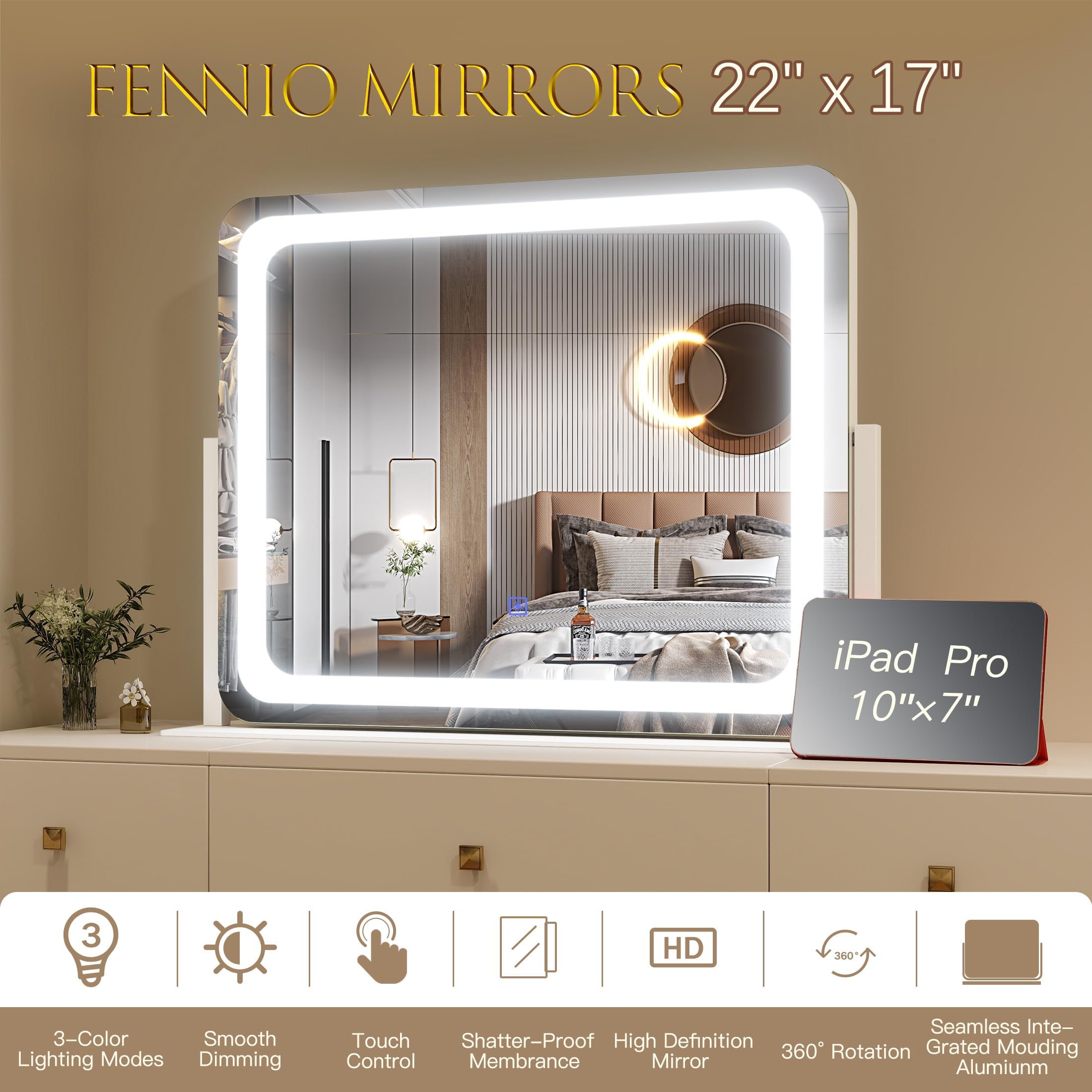 FENNIO vanity mirror for tabletop use on a vanity desk or dresser.